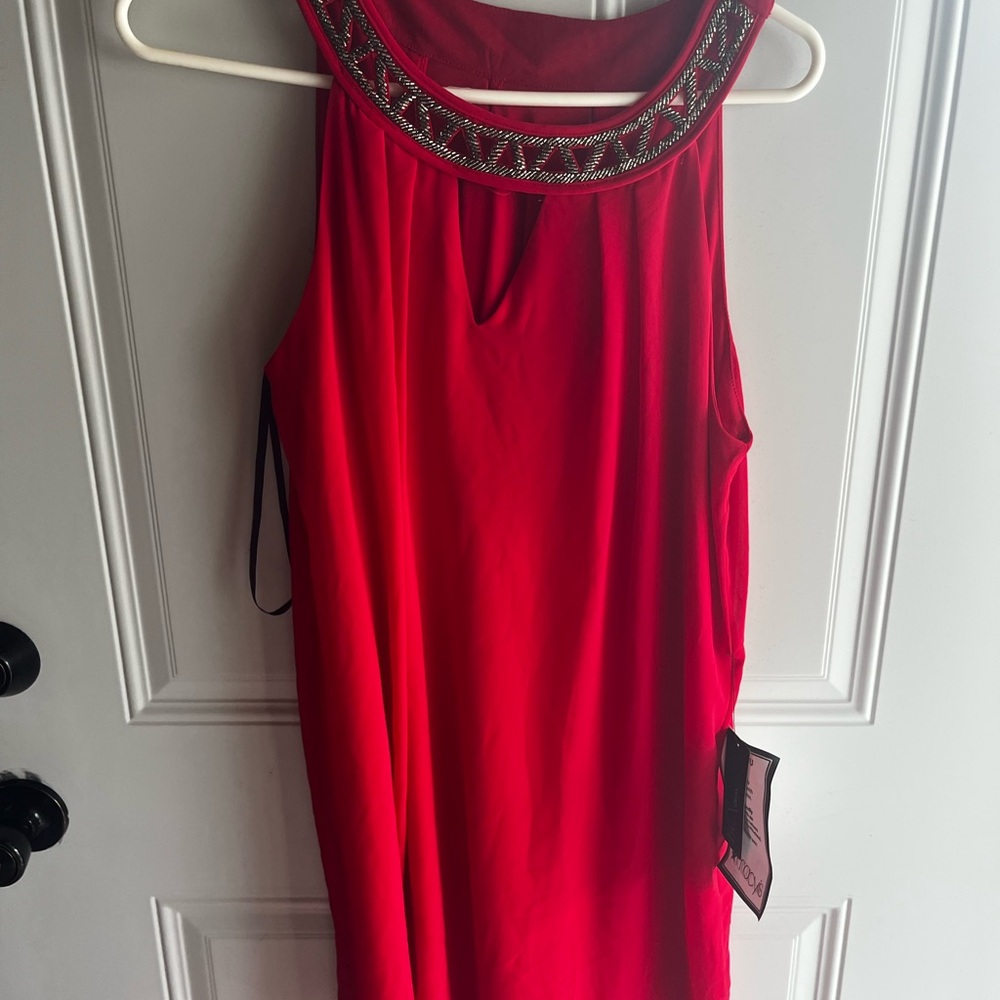 Macy's Red Midi Dress with Embellished Neckline